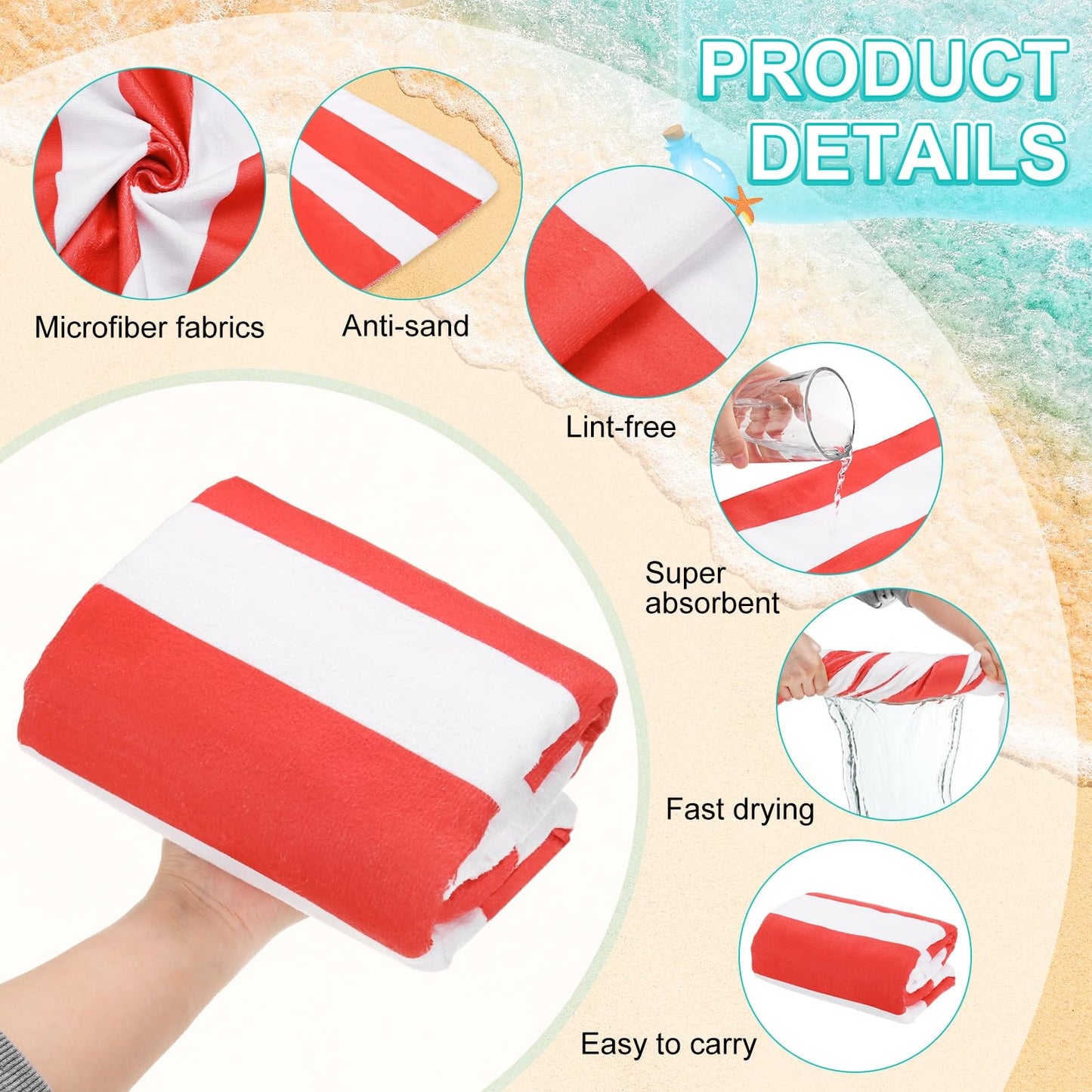 M METERXITY 4-Pack Large Stripe Beach Towels 30x60in Light Red