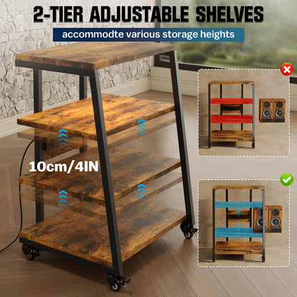 Vrietina HIFI Stand with Power Strips, Adjustable Shelf, LED Lights, Wheels