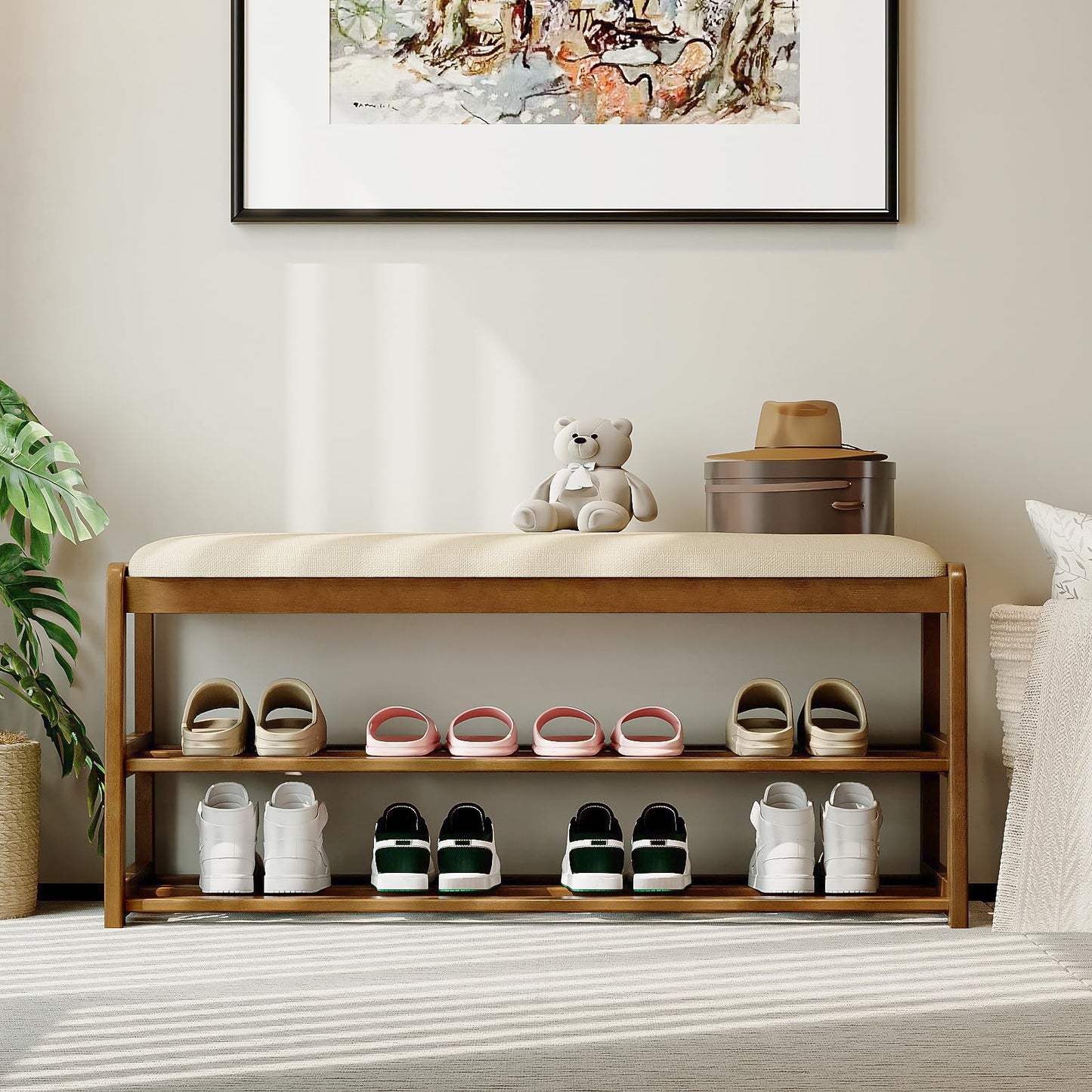Welfuturer 2-Tier Bamboo Shoe Bench with Cushion & Hidden Drawer Entryway Shoe Rack Organiser for Hallway