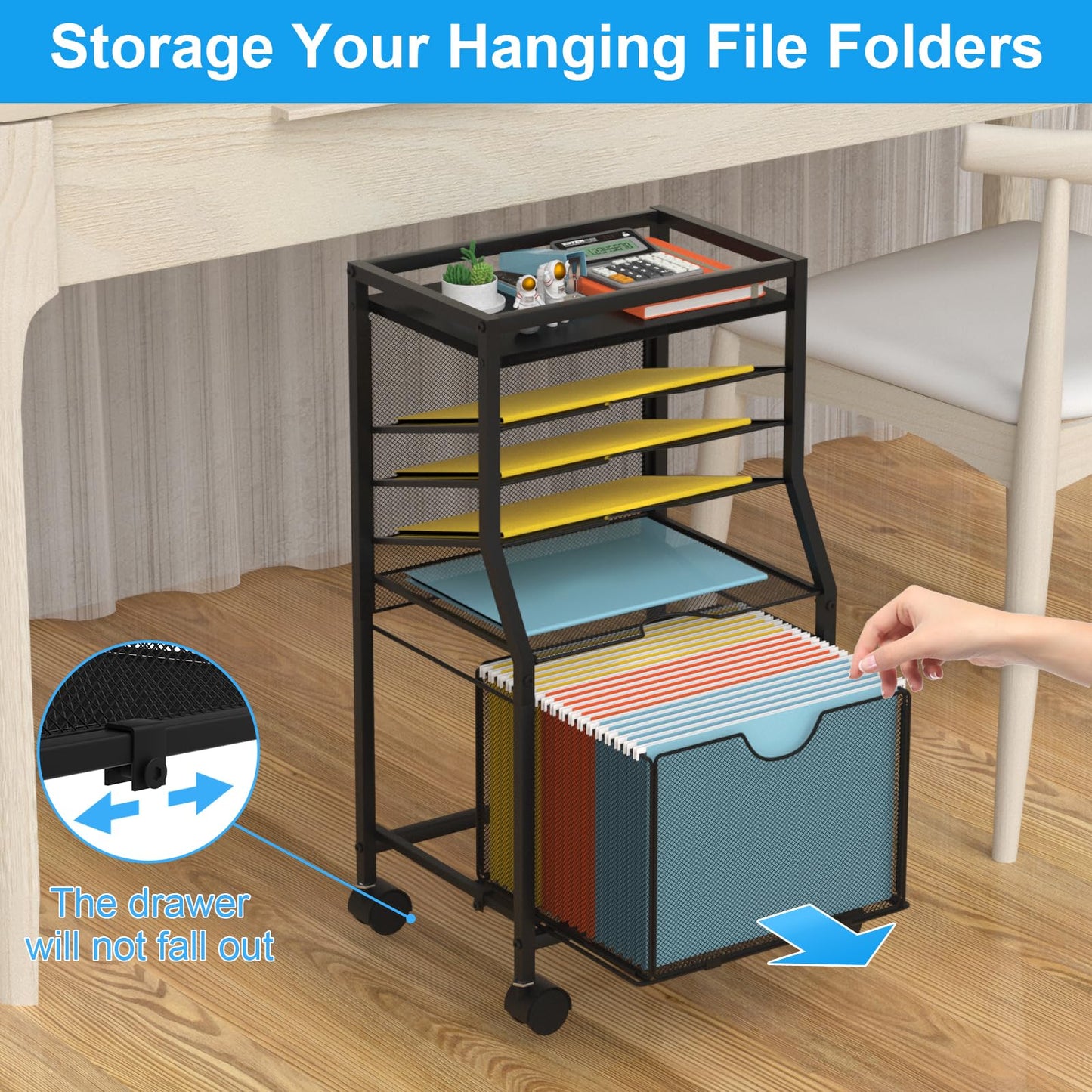 BOHDK Rolling File Cart, 6-Tier Under Desk Organiser on Lockable Wheels, Black Wood Planks & Mesh File Cart with Sliding Drawer and Paper Trays for