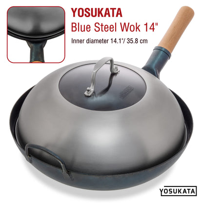 YOSUKATA Wok Lid 34.5 cm for 36 cm Wok - Premium Stainless Pan Cover - Tempered Glass Insert Steam Holes - Ergonomic Handle - Durable Asian