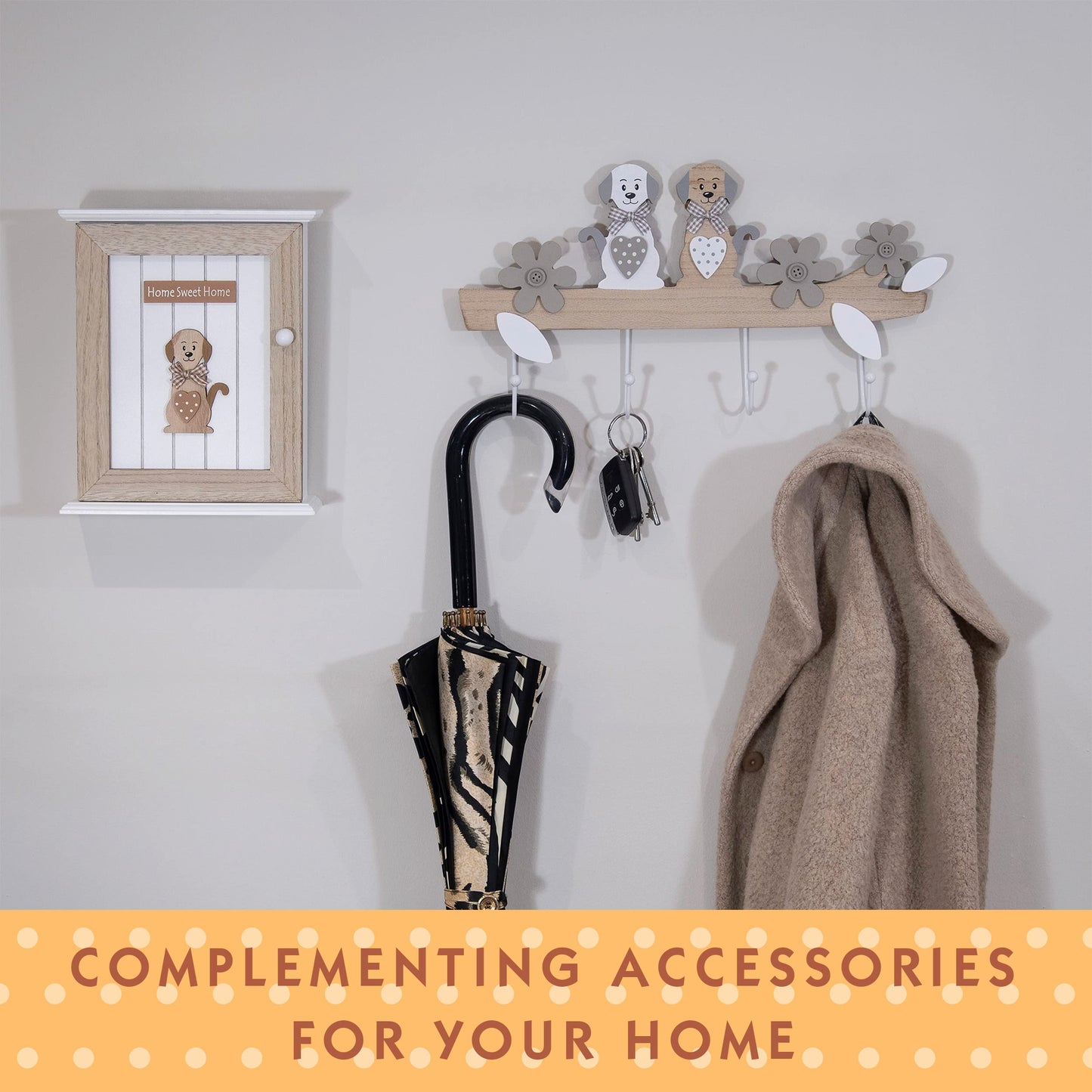SPOTTED DOG GIFT COMPANY Coat Hooks Wall Mounted Coat Rack, Cute Decorative Wooden 4 Hook Wall Hanger for Clothes Keys Leads