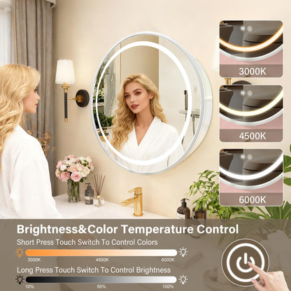 KAASUNES Round Mirror Cabinet with Light,Aluminum Framed,3 Colors Temperature&Dimmer,USB Shaver Socket,Defogger,71cm,white