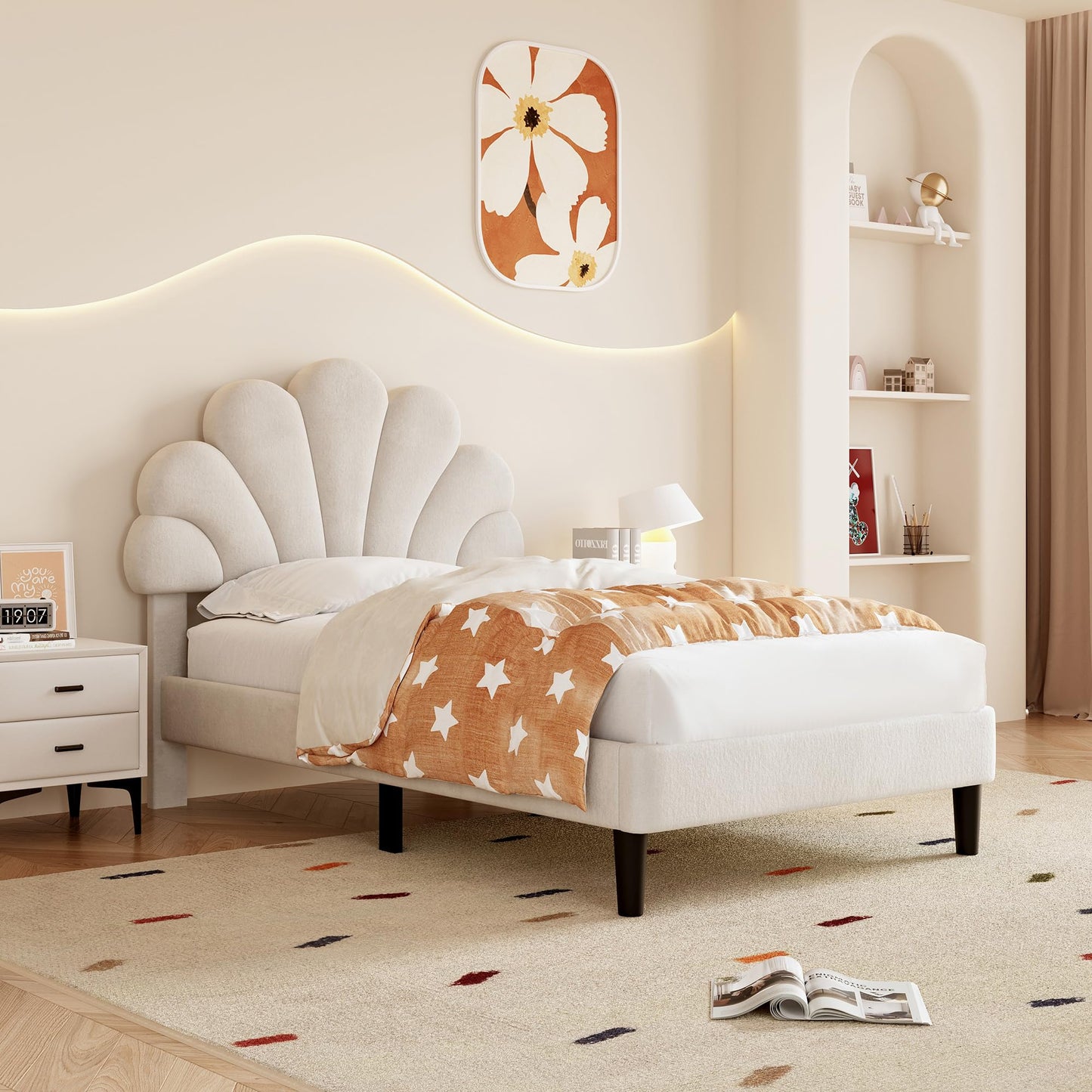Merax Single bed frame, 3ft Single Upholstered Bed, Adjustable Chic Petal Headboard, Sturdy Wooden Slat Support, Velvet Fabric (No Mattress)