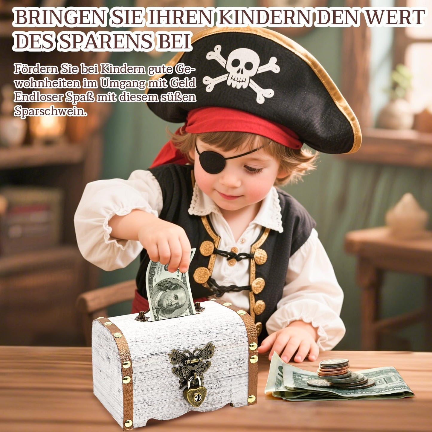 Forbabe Treasure Chest Wooden White Small Money Box with Lock 14.5 x 10.5 x 10.3 cm