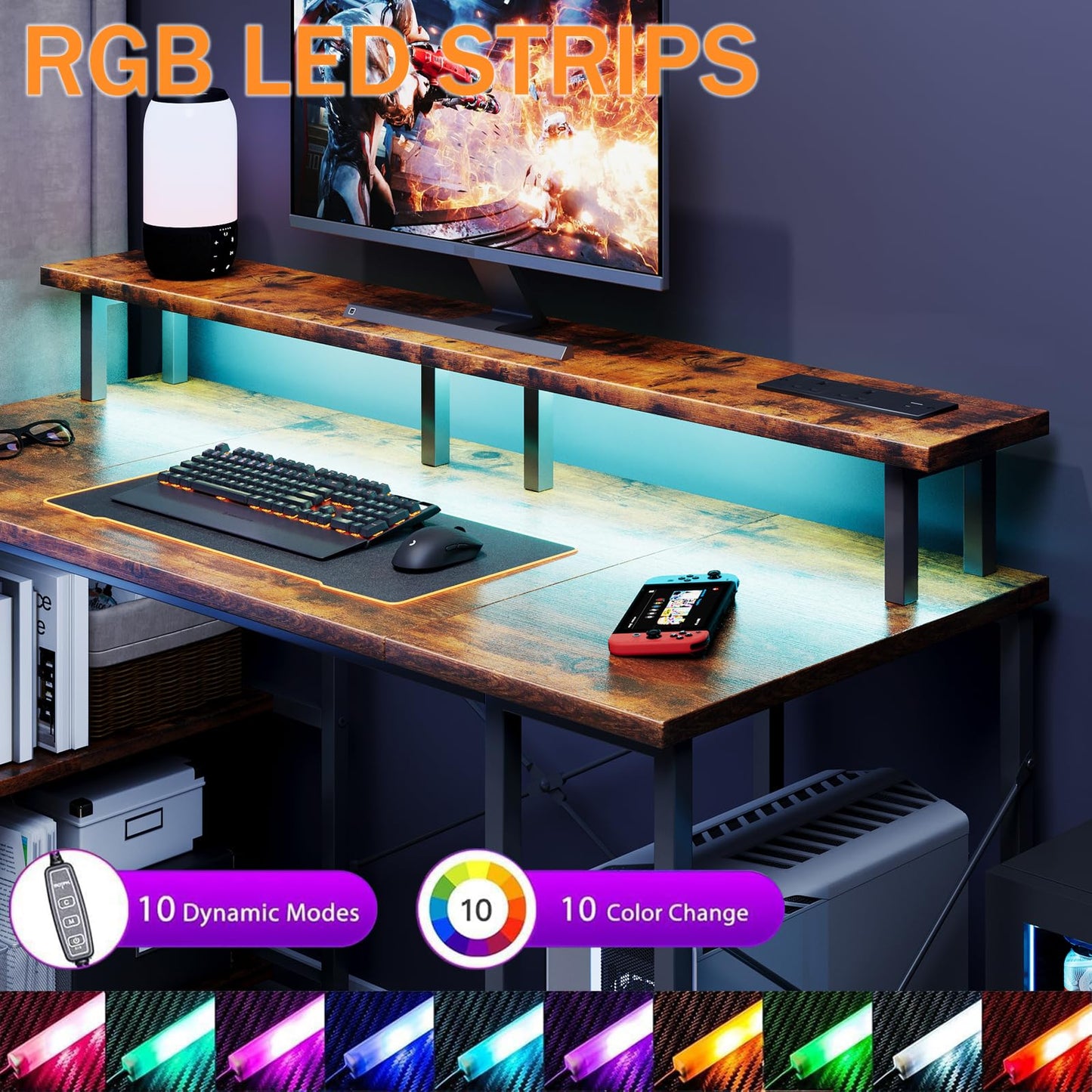 MUTUN Gaming Desk with LED Lights & Power Outlets, 120×50cm Computer Desk with Storage Shelves & Dual Monitor Stand
