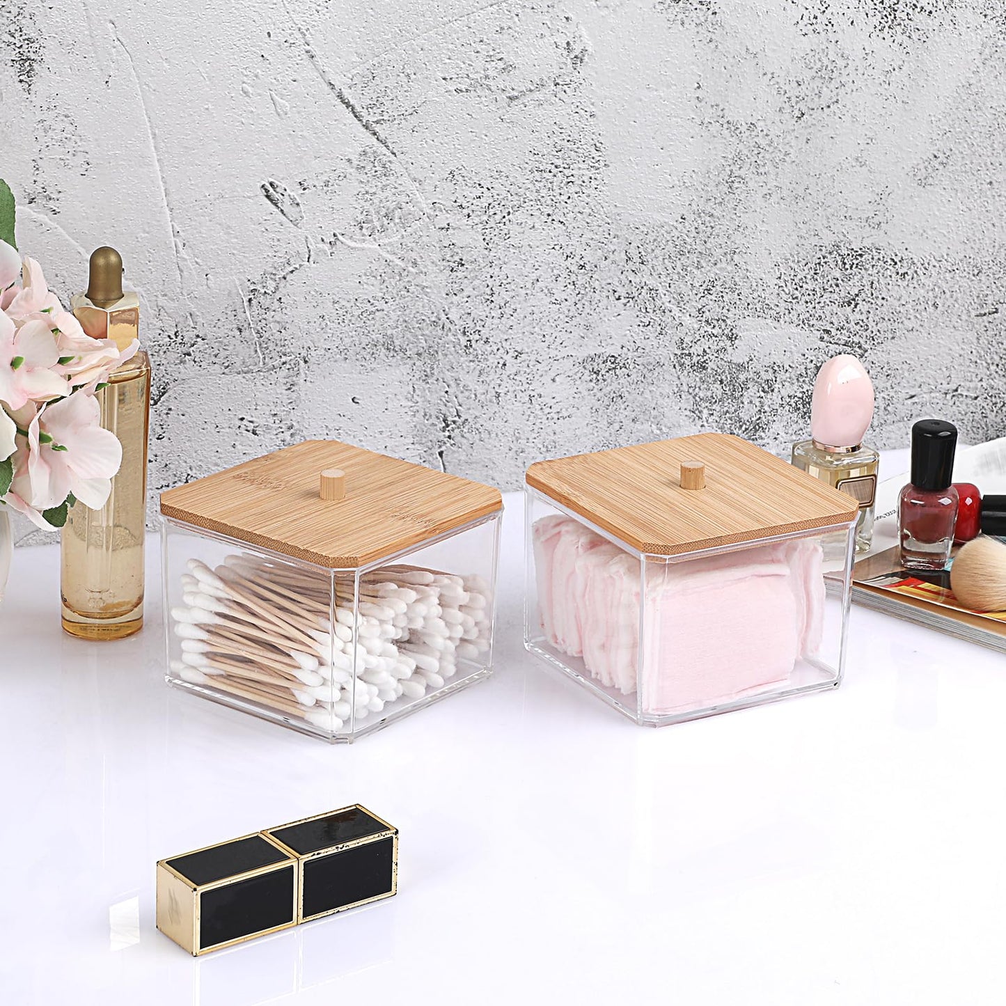 SUMTree 2 PCS Square Qtip Cotton Ball Holder Qtip Dispenser with Bamboo Lid