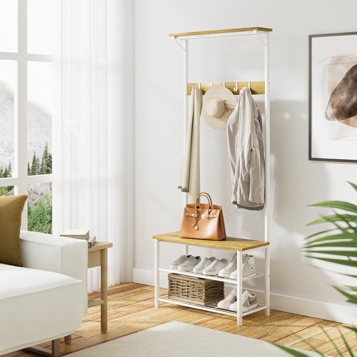 HEYZOEY Coat Stand, Coat Rack with Shoe Storage, 3-in-1 Freestanding Wooden Coat Rack with Shoe Bench and Rack, 3-Tier Shelf and 4 Removable Hooks