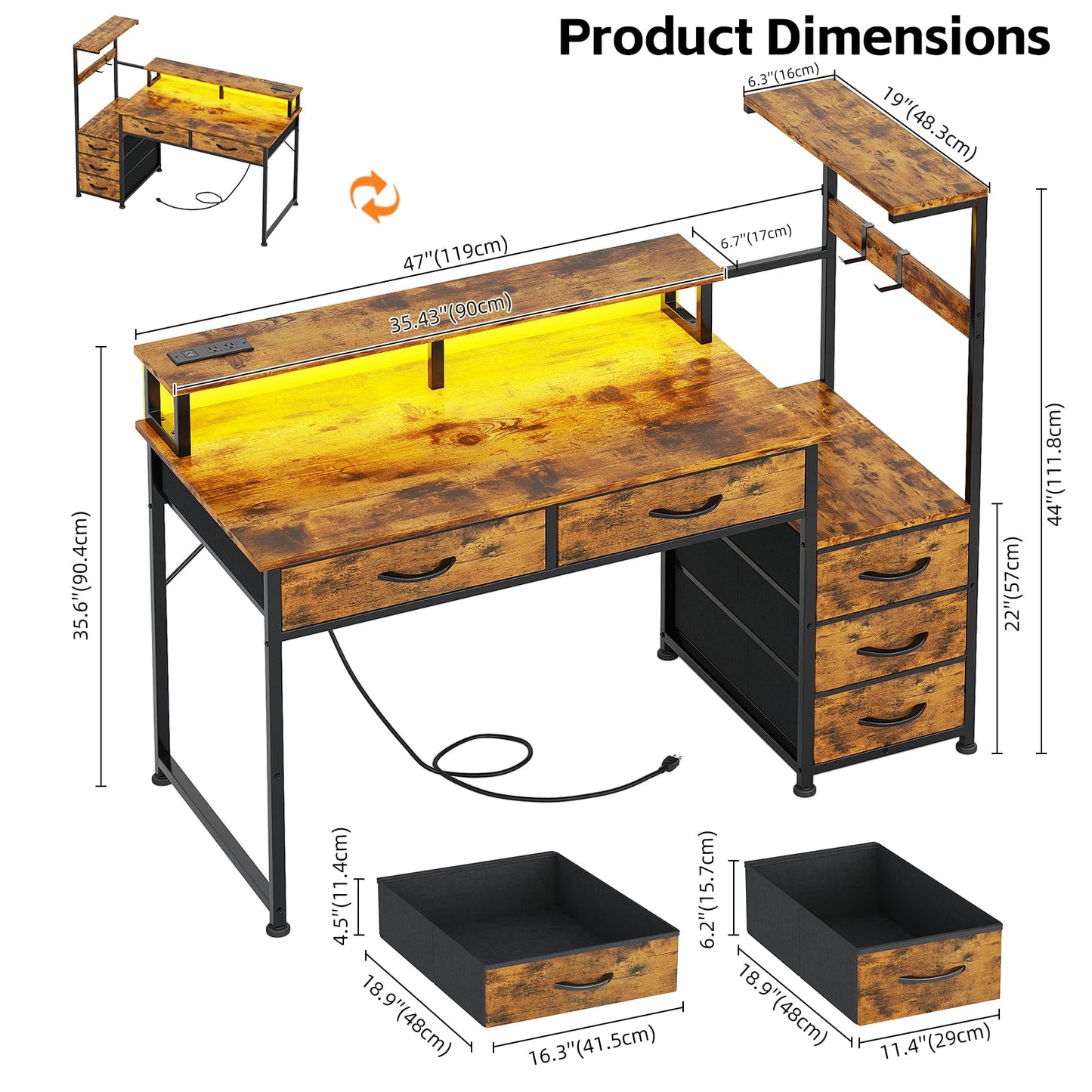 WEMANER 120cm Computer Desk with 5 Fabric Drawers, Reversible Home Office Desk with Printer Cabinet, Writing Desk with Monitor Stand & Power Outlets