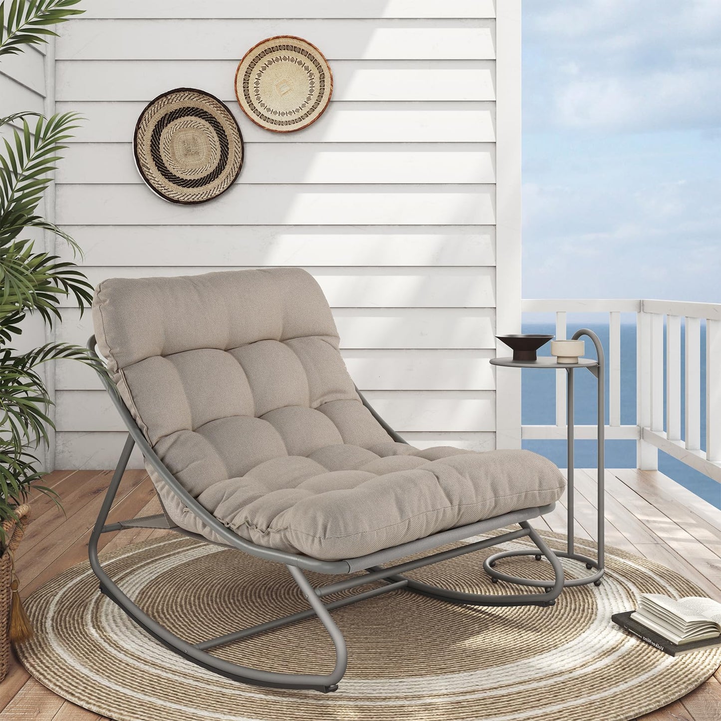 Grand patio Rocking Chair with Side Table, Garden Lounge Chair with Removable Water-resistant Cushion for Adults, for Patio, Garden, Living Room