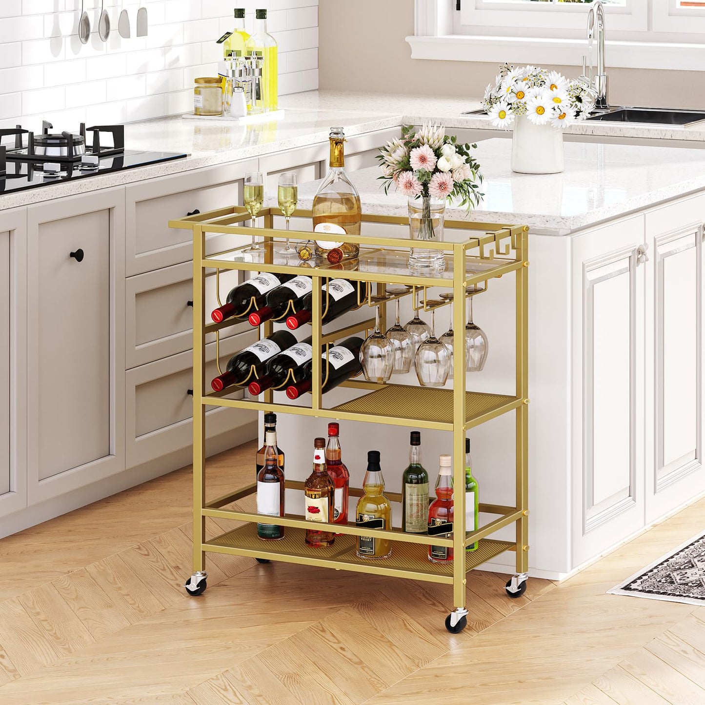 MAHANCRIS Bar Cart for Home, 3-Tier Serving Cart with Wheels and Handle, Beverage Cart with Wine Rack and Glass Holders