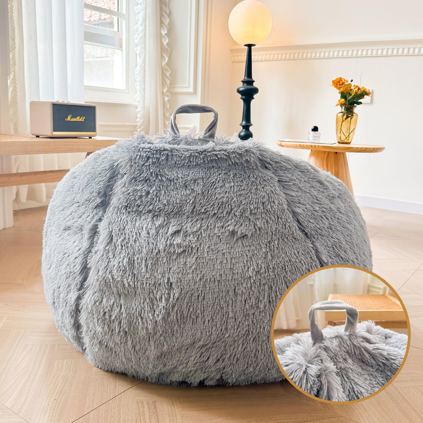 XeGe Faux Fur Stuffed Animal Storage Bean Bag Cover(No Filler), Light Grey