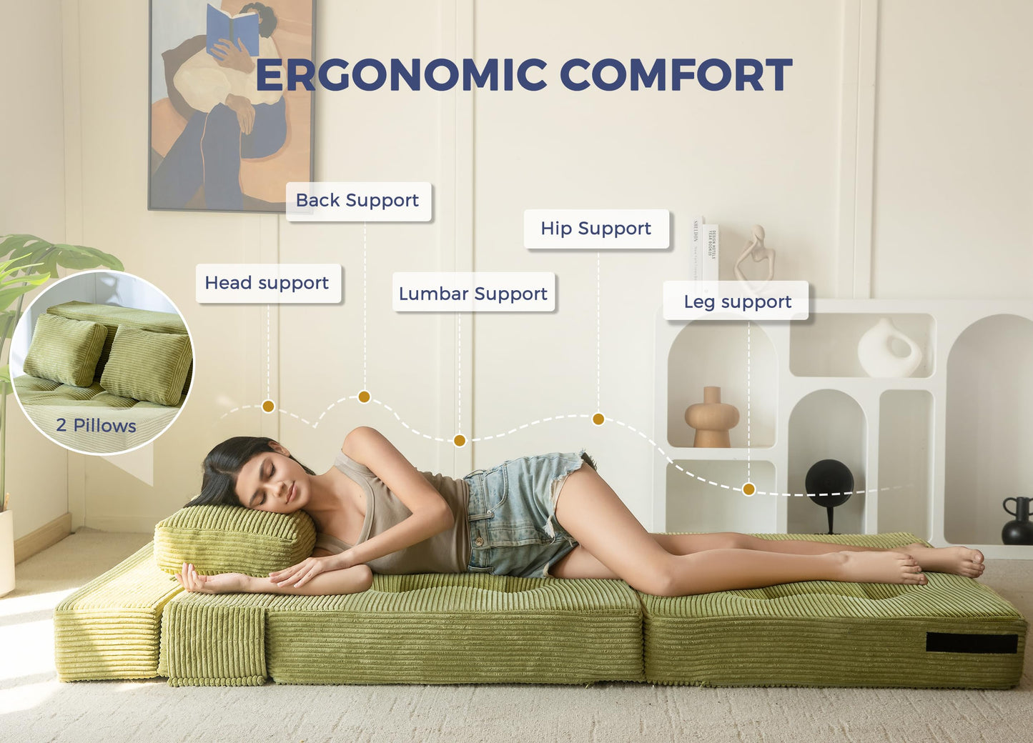 MAXYOYO Folding Foam Sofa Bed, Tri-Fold Mattress with 2 Pillows, Convertible Sofa Chair Futon Z Bed with 15cm Thincken Foam
