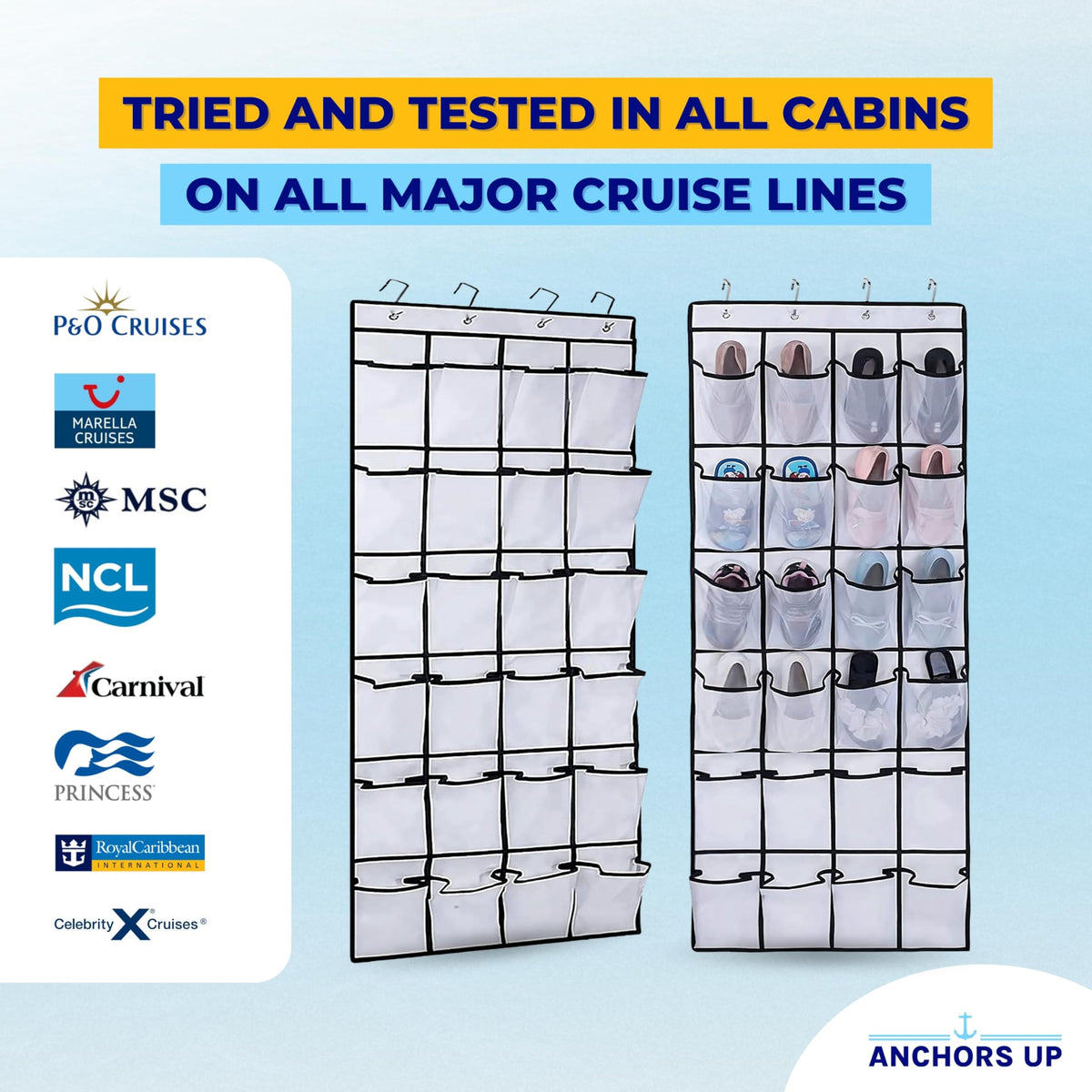 Cruise Cabin Over Door Organiser for Shoes, Toiletries and Travel Accessories – 24 Pockets – Tested on All Major Cruise Lines such as P&O, Marella