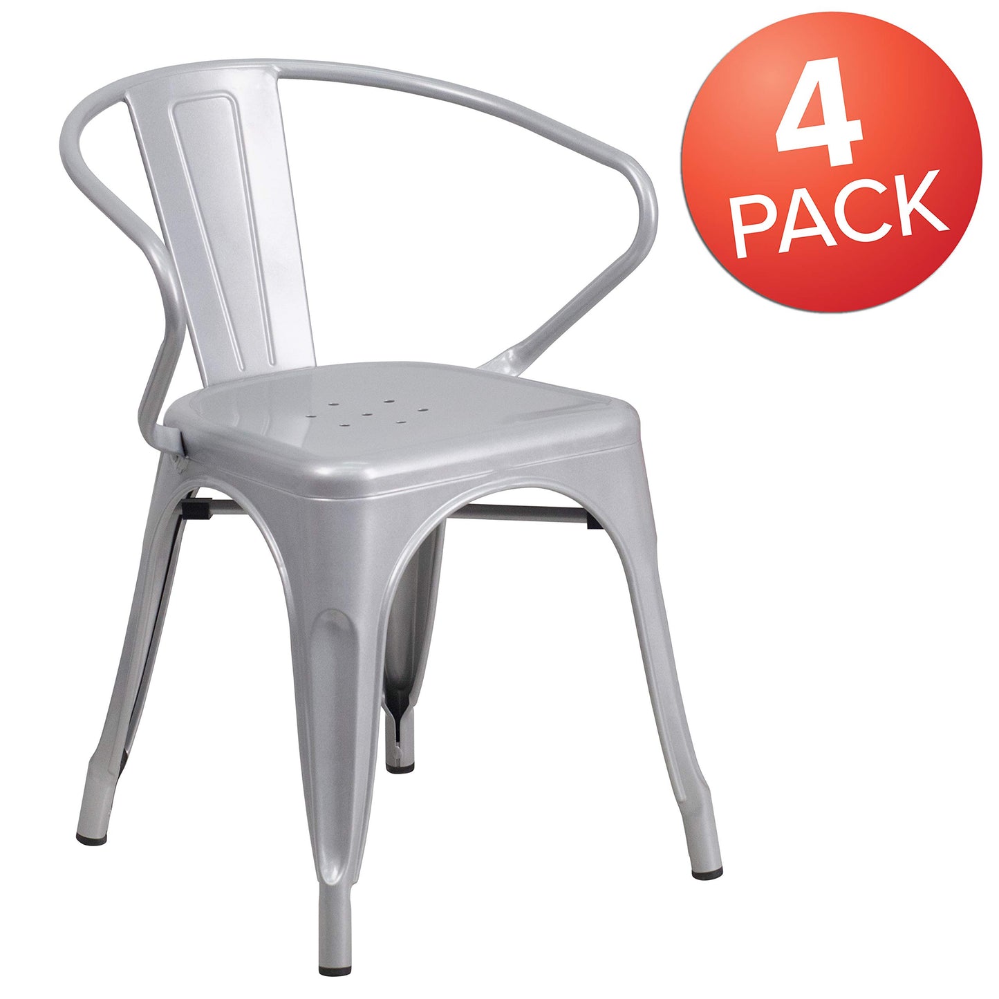 Flash Furniture Roy Commercial Grade 4 Pack Silver Metal Indoor-Outdoor Chair with Arms