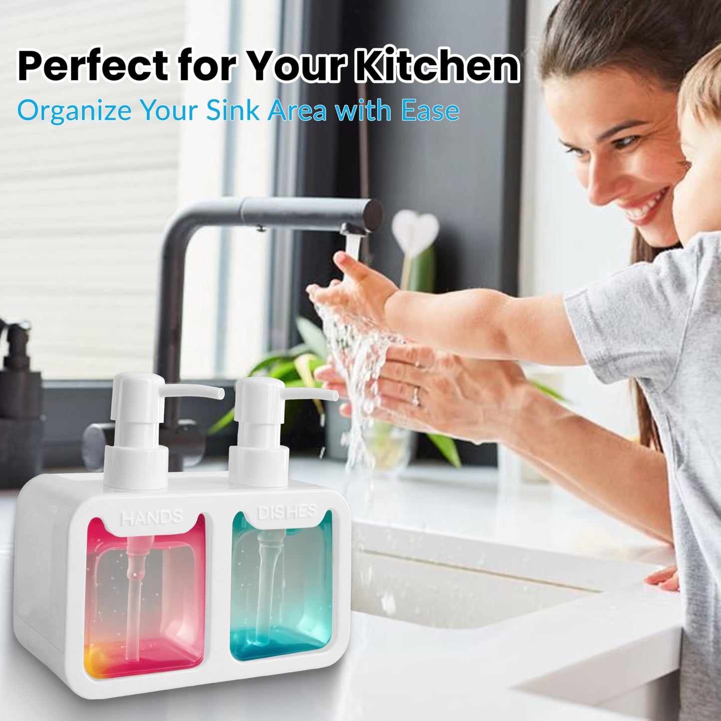4-in-1 Kitchen Soap Dispenser Set - Dual Hand & Dish Soap Dispenser with Sponge Caddy & Brush Holder - Kitchen Sink Organizer for Countertop (Whtie)
