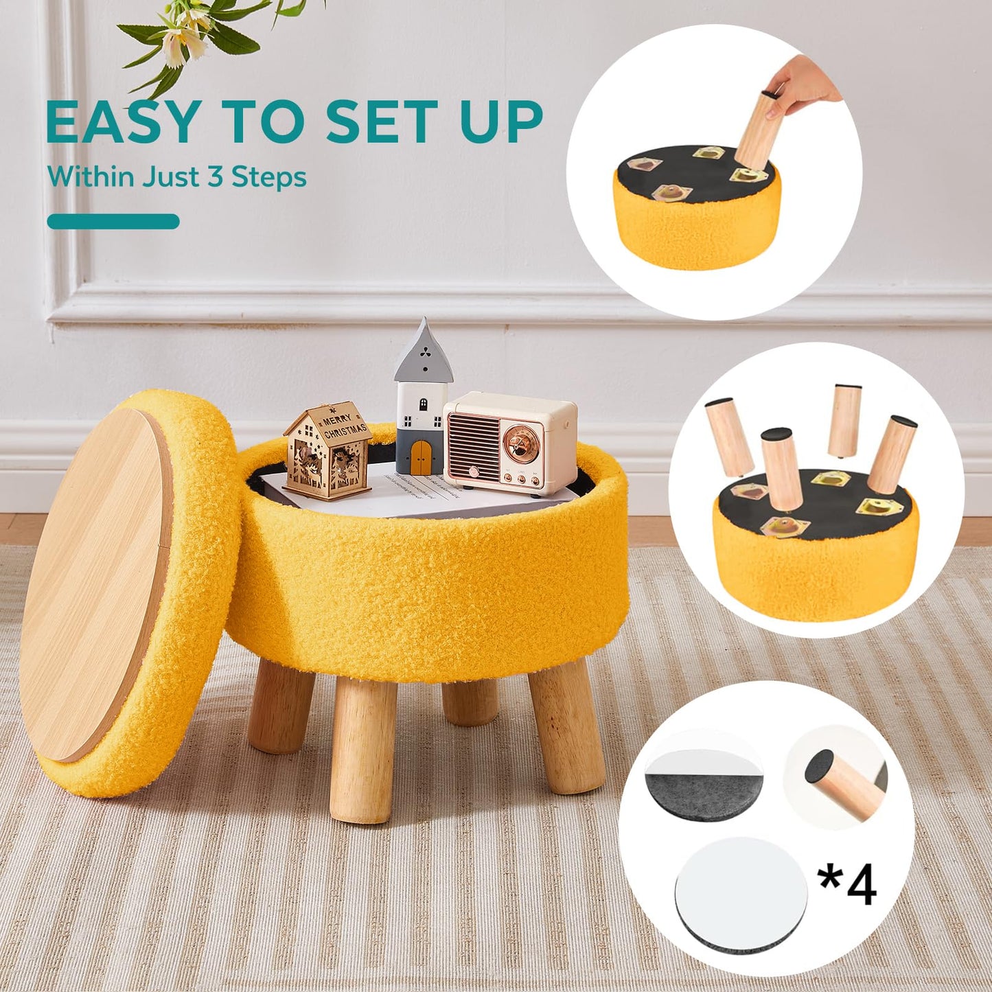 BRIAN & DANY Footstool with Storage, Small Storage Ottoman, Teddy Fleece Round Stool with Lid, Sherpa Foot Stool with Legs for Living Room Entryway