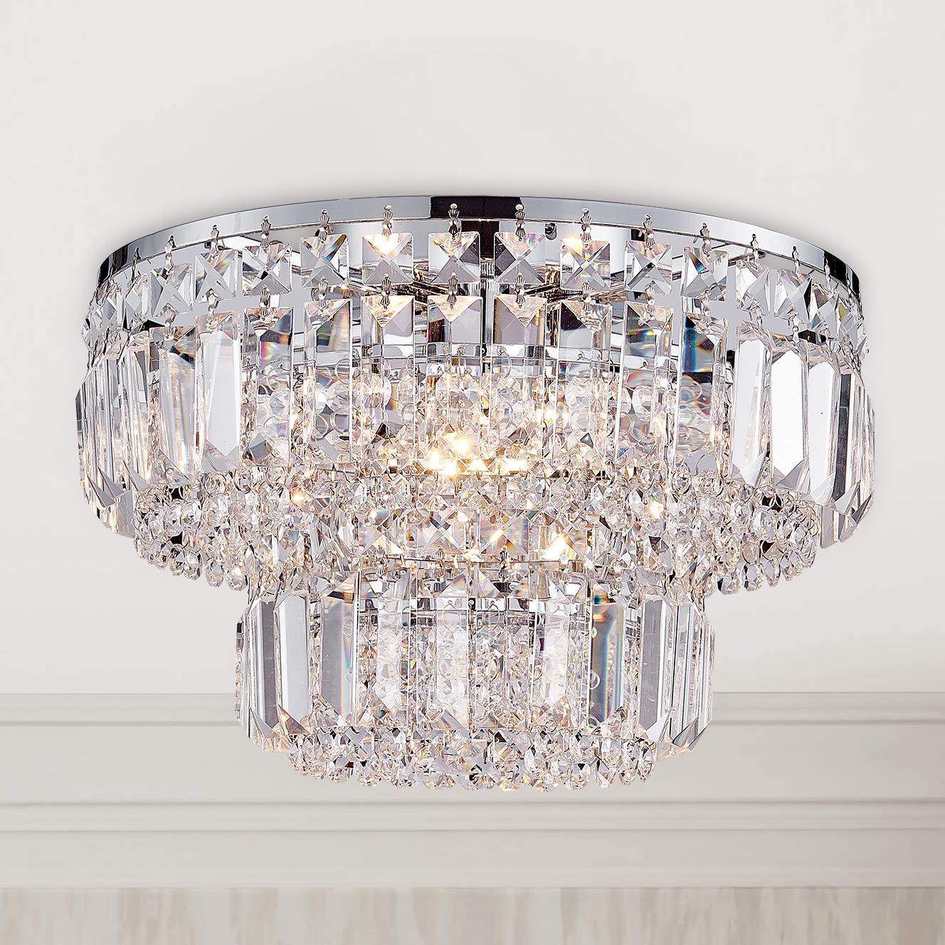 BESTIER Modern Chrome Crystal Flush Mount Chandelier Lighting LED Ceiling Light Fixture Lamp for Dining Room Bathroom Bedroom Livingroom 4 G9 Bulbs