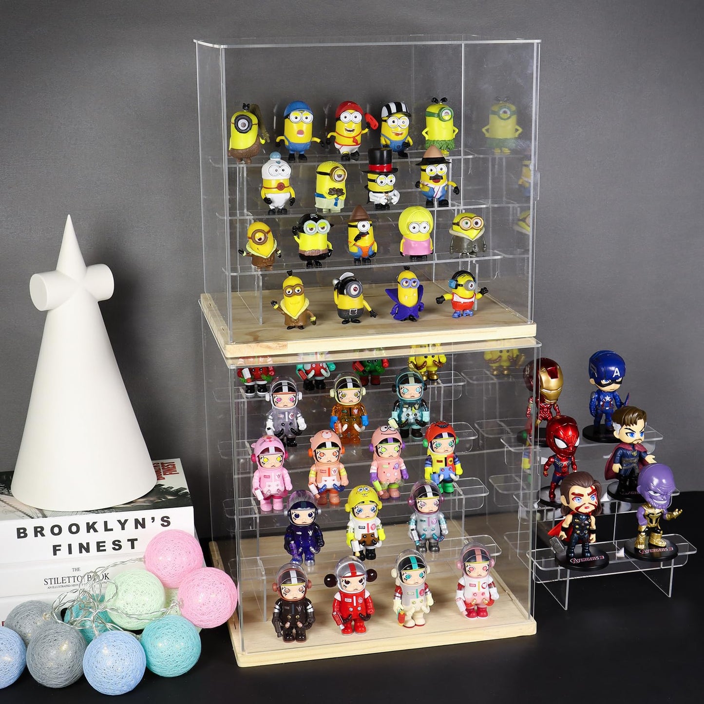 Nynelly 5 Tier Clear Acrylic Display Case for Models, Mini Figures, Pop Mart, Labubu, Sonny Angel, Smiski - Assemble Dustproof Display Box with Door
