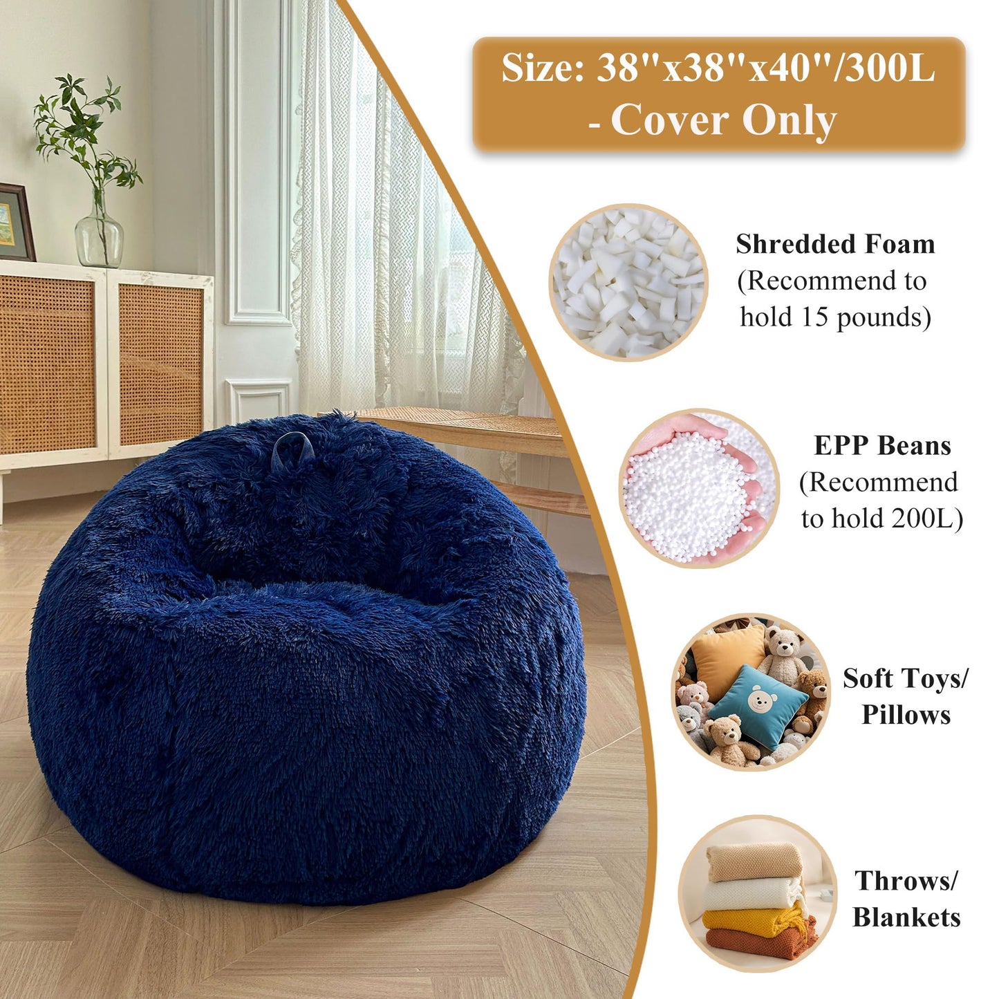 XeGe Soft Fluffy Faux Fur Bean Bag Chair Cover(No Filler), Navy Blue