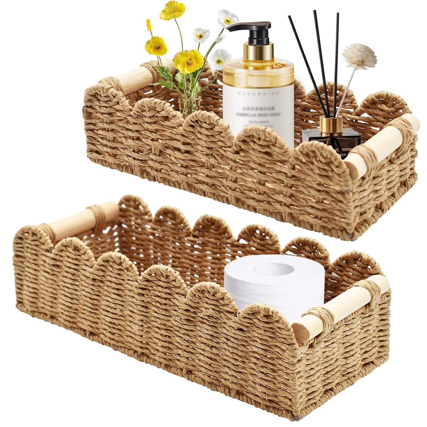 Yiomxhi 2 Pcs Wicker Storage Baskets, Woven Organizer Bins with Wooden Handles, Rope Scalloped Edge Toilet Paper Baskets for Bathroom, Shelf, Kitchen