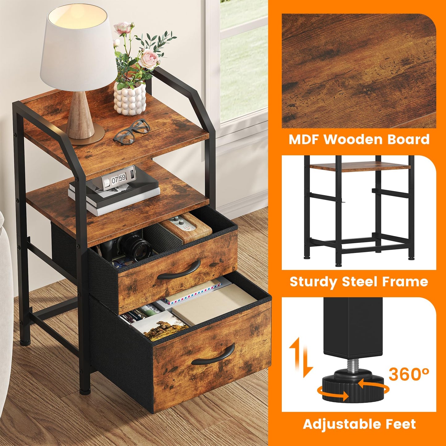 Feonase Bedside Table with 2 Fabric Drawers & Open Shelf - Sturdy Metal Frame Nightstand, Compact End Table for Bedroom, Living Room, Small Spaces