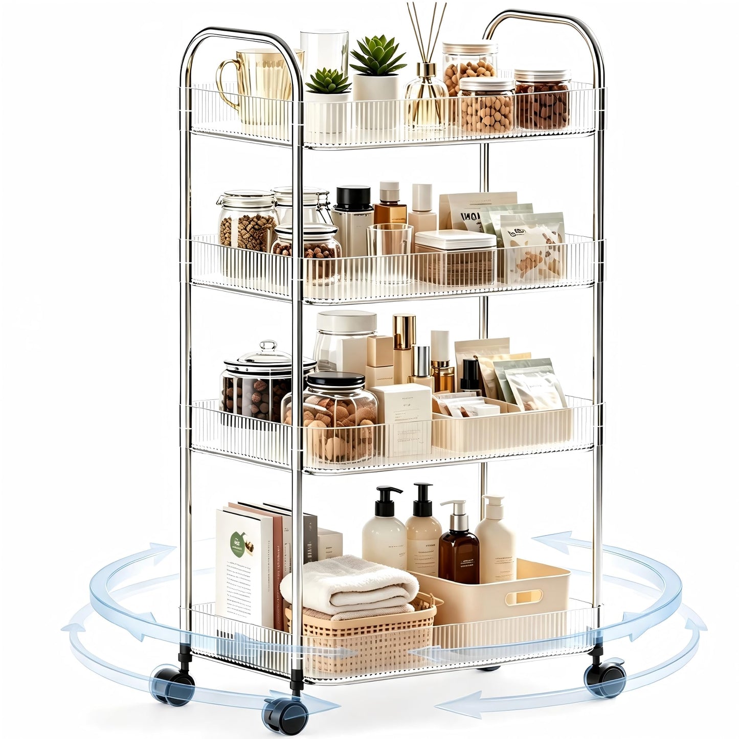 Guyi-Duck Clear Acrylic Storage Cart with Wheels, Transparent Rolling Organiser Trolley for Kitchen, Bathroom, Office and Home Corner