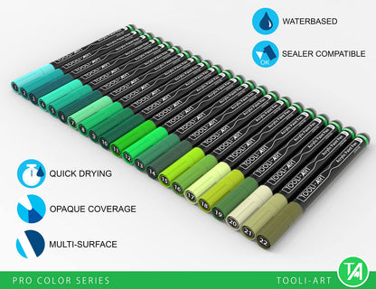 Acrylic Paint Pens 22 Green Tones Assorted Pro Colour Series Markers Set 0.7mm Extra Fine Tip for Rock Painting, Glass, Mugs, Wood, Metal, Canvas,