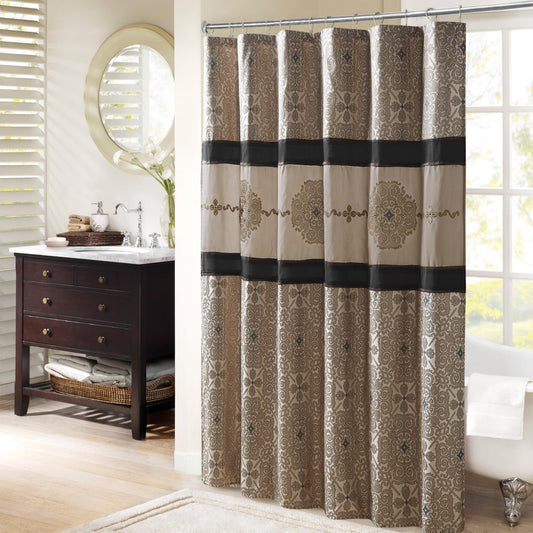 Madison Park Donovan Shower Curtain, Embroidered Jacquard Weave, Color Block Pieced Design, Traditional Bathroom D cor, Machine Washable, Fabric