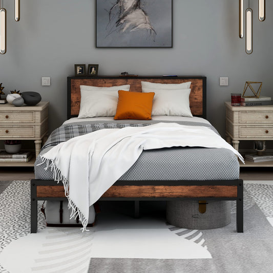 Diahomy Double Bed Frame Metal Platform Bed Frame with Wood Headboard/Mattress Base/Underbed Storage/No Box Spring Needed/Brown