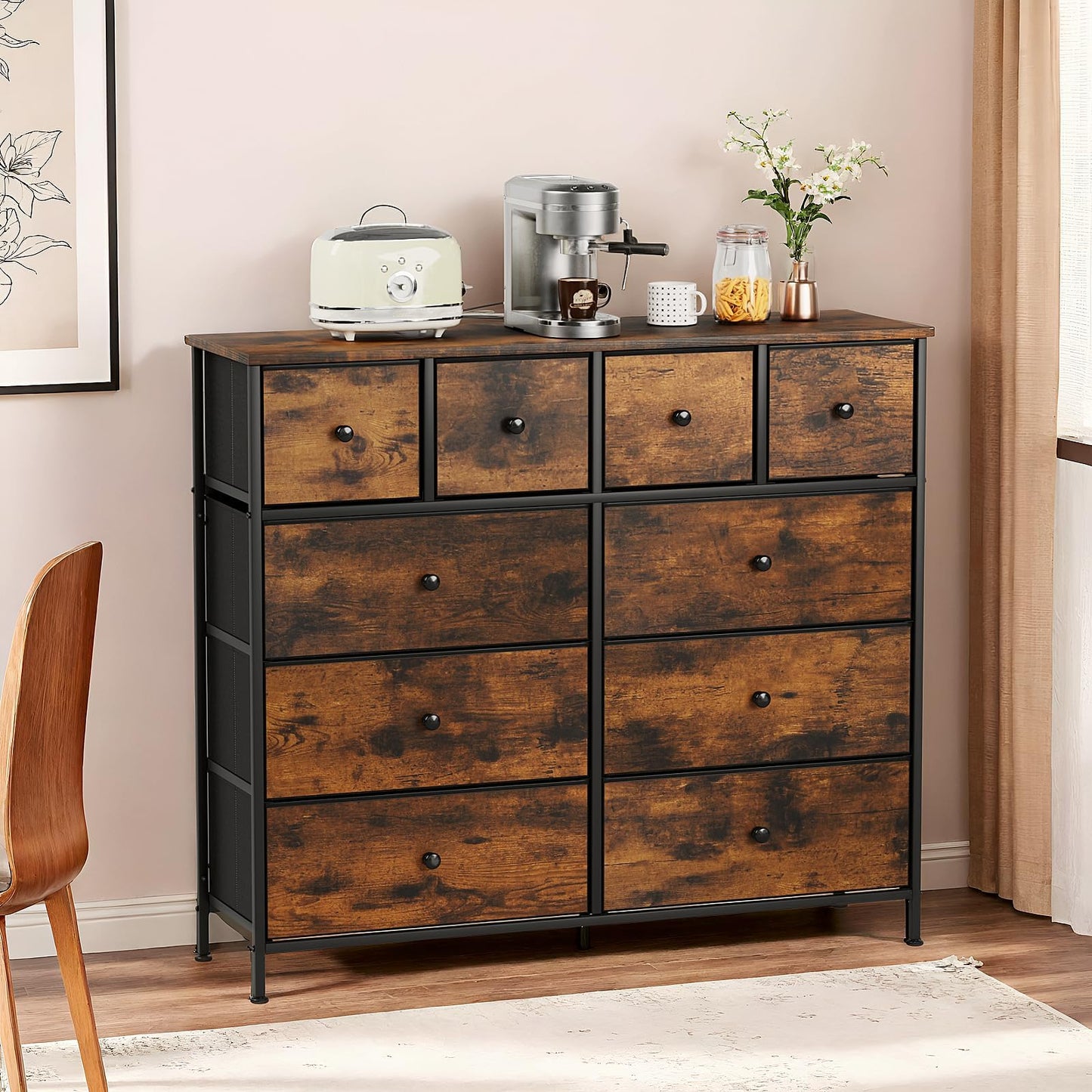 Clevich Chest of Drawers with 10 Fabric Drawers, Wooden top Sideboard, Metal Frame, Anti-Tip Design Storage Cabinet for Bedroom