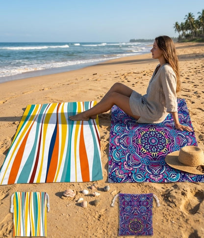 RB INTERNATIONAL Beach Towel with Bag 2 Pack 160x80cm for Adults, Microfibre Waffle Weave, Quick Dry, Sand Free, Lightweight, Compact & Eco-Friendly