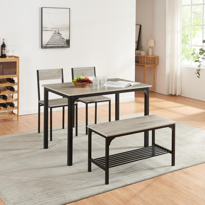 Panana 4 Seats Dining Table Set Wooden Compact Table 2 Chairs 1 Bench Set Metal Kitchen Room Furniture Grey