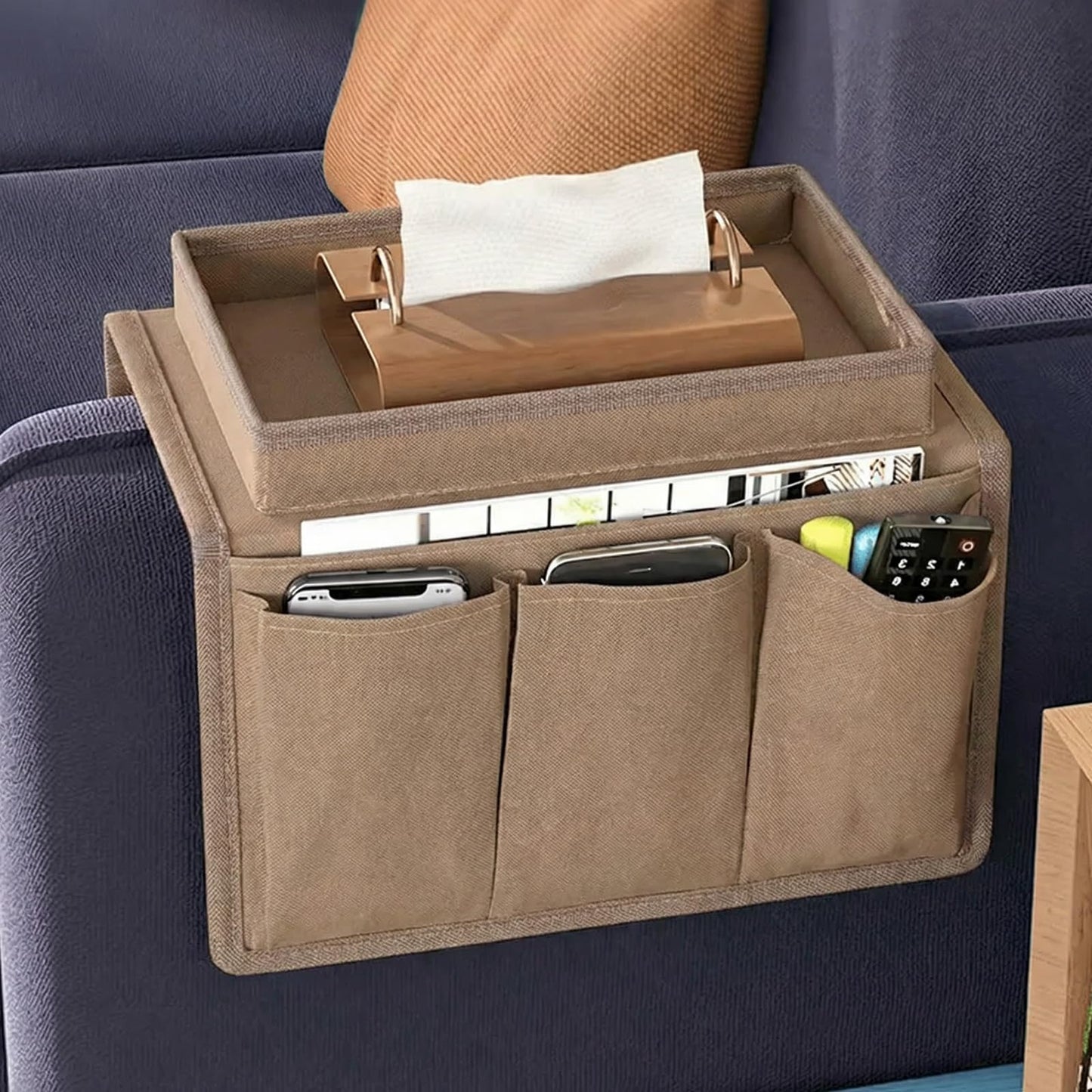 Sofa Armrest Organiser, Armchair Caddy with Tray, Couch Arm Tray Stylish And Durable Multifunctional Pocket Storage Bag
