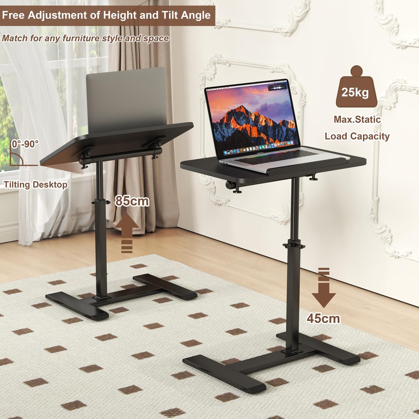 Adjustable Height C Shaped Side Table,360°Swivel Overbed Table,Top Tilting Laptop Stand Tray Tables with Wheels,Mobile Couch End Tables that Slide