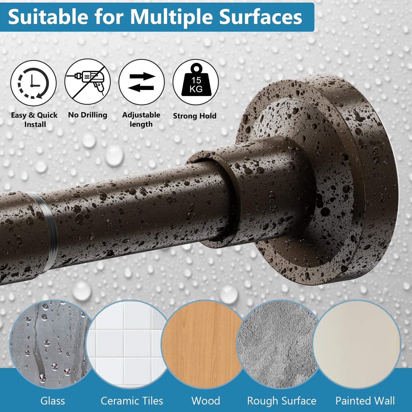 WELDUN Extendable Curtain Tension Rod, 48-226CM No Drill Telescopic Shower Curtains Rail, Adjustable Strong Spring Rod for Window Bathroom, Bedroom