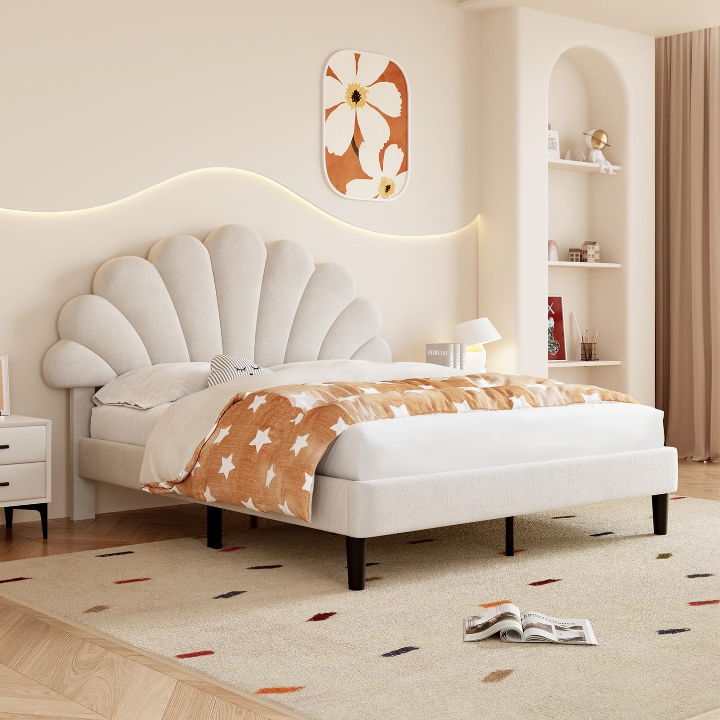 Merax Double bed frame, 4ft6 Double Upholstered Bed, Adjustable Chic Petal Headboard, Sturdy Wooden Slat Support, Velvet Fabric (No Mattress)