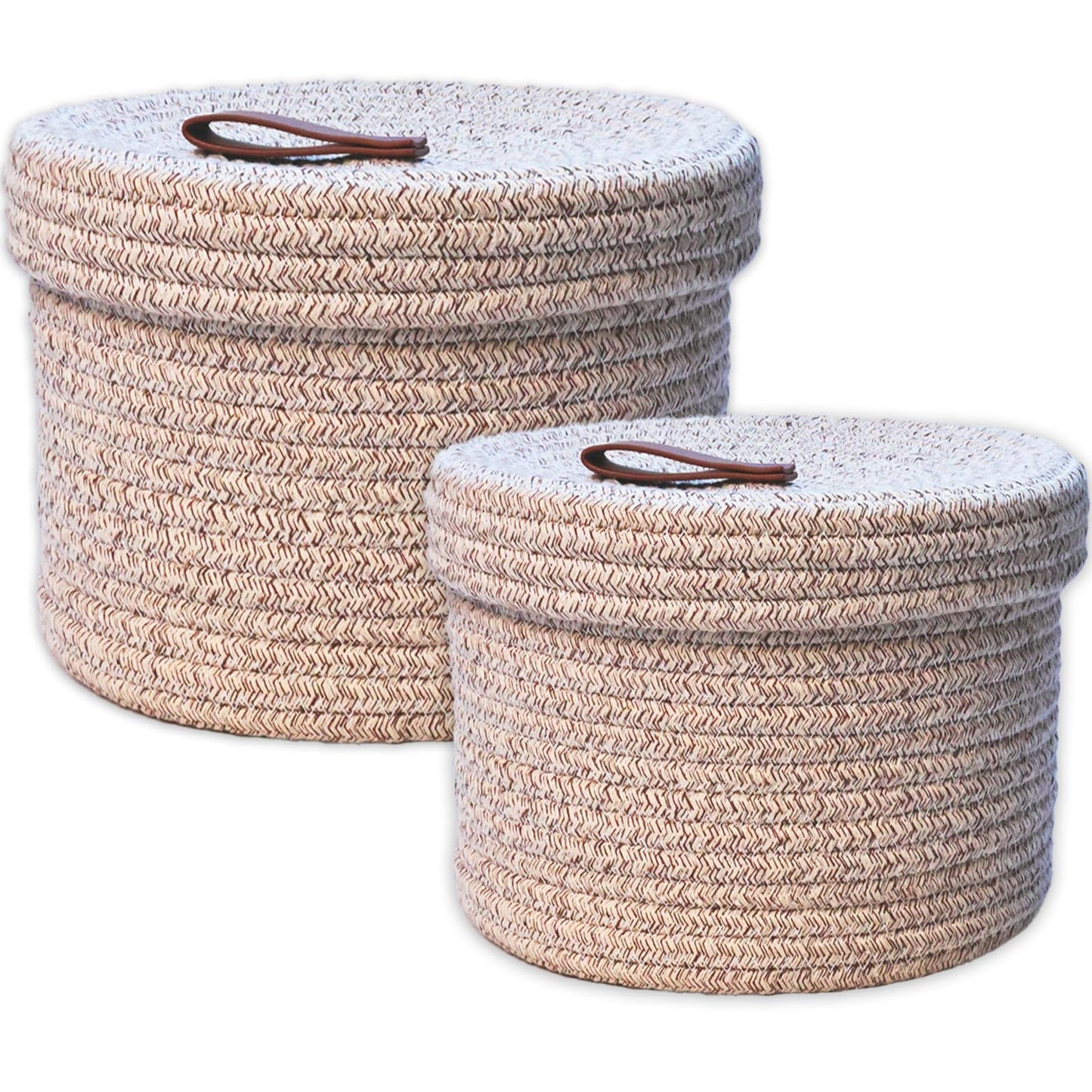 Yearonan Set of 2 Round storage baskets with lids,With Leather Handles for Closet Storage,Toy,Living roon,Towel Basket,Bathroom storage,Stackable