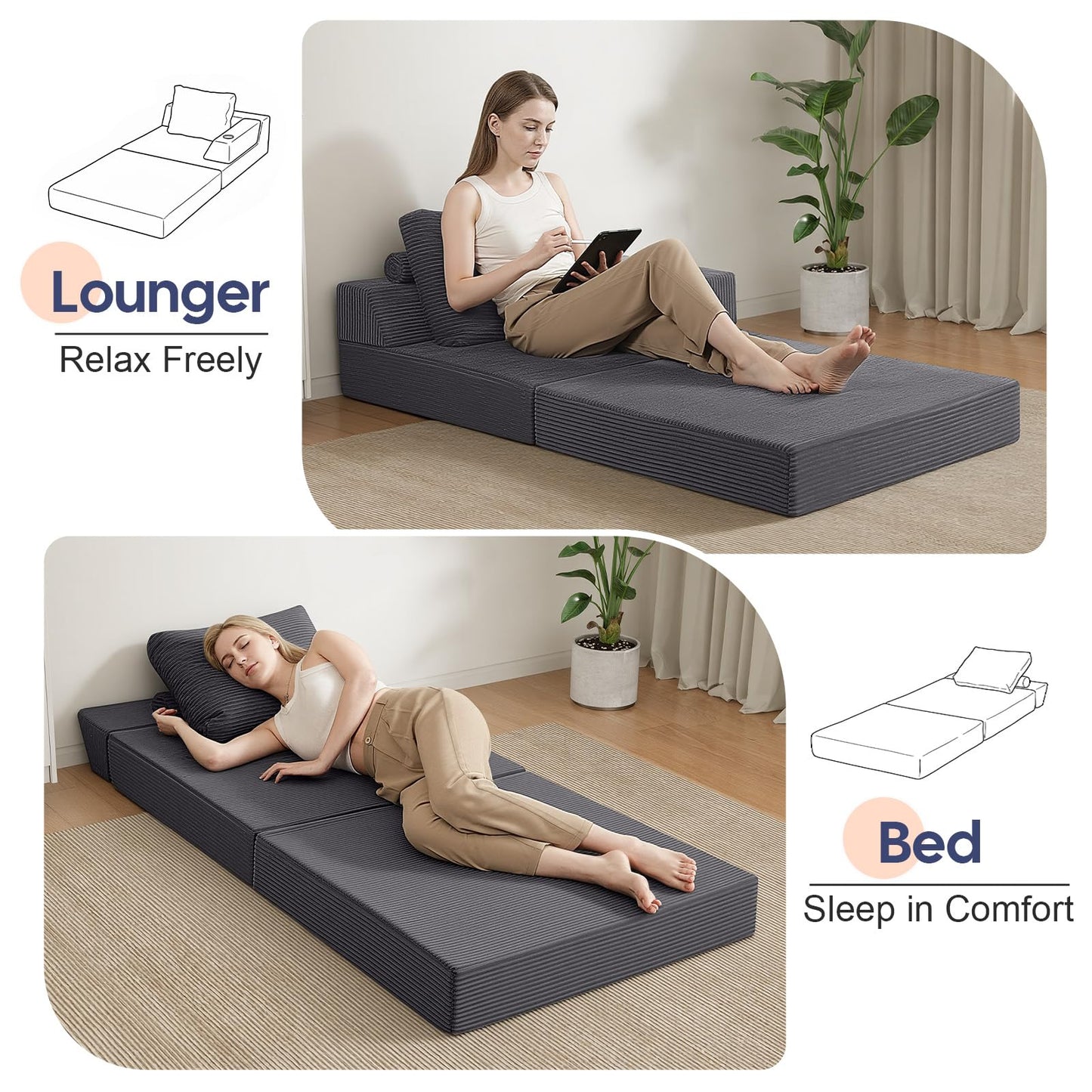 MeMoreCool Folding Sofa Bed Single, Convertible Boneless Couch with Pillow