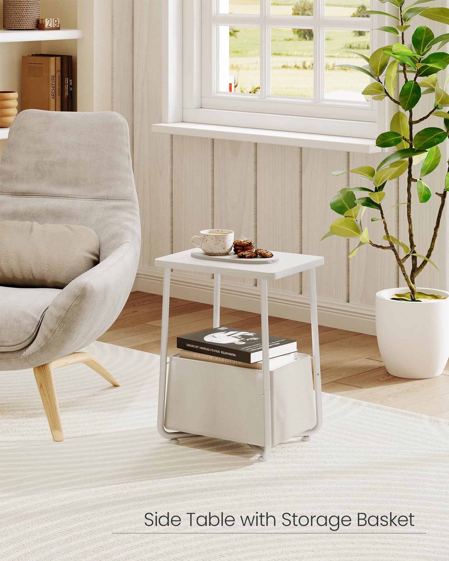 CHOEZON Small Side Table, End Table with Fabric Basket, Modern Nightstand for Small Spaces, Bedside Table for Nursery, Living Room, Bedroom, White