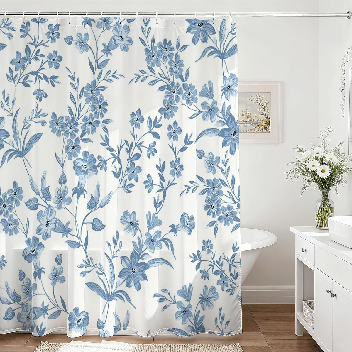 Avezano Floral Shower Curtain Blue Flower Bathroom Shower Curtain Blue Waterproof Fabric Shower Curtains Bathtub Decor with 12 Hooks 72 X 72 Inches
