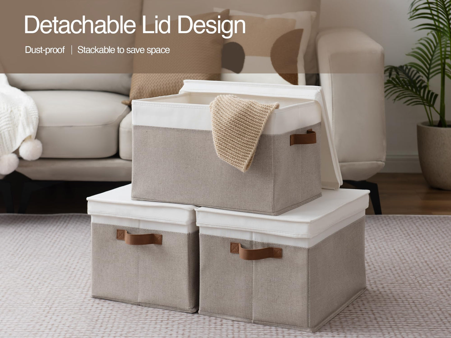 StorageWorks Storage Boxes with Lids, Fabric Storage Boxes with Lids, Stackable Storage Basket for Shelves with PU Handles