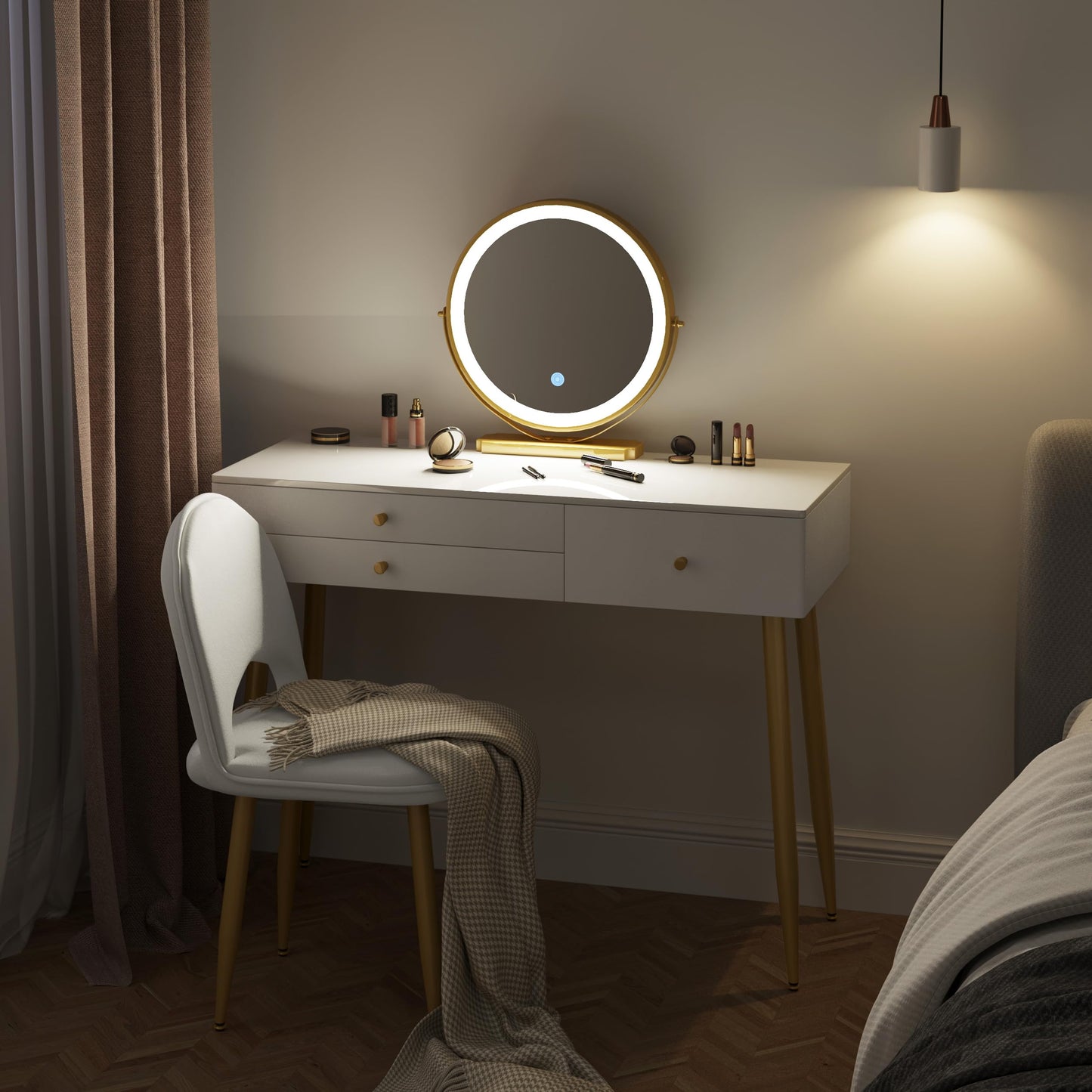 WOLTU Dressing Table with LED Mirror, Adjustable Brightness, White