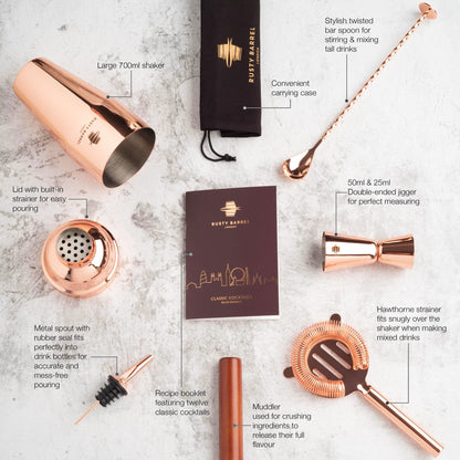 Rusty Barrel Cocktail Making Kit - Beautifully Presented Cocktail Shaker Set - Premium Cocktail Set with Cocktail Shaker and Bar Accessories for Home