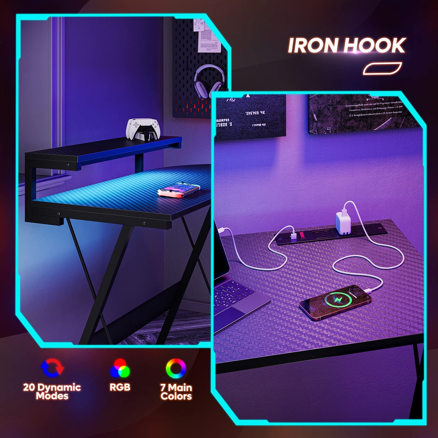 Bestier L Shaped Gaming Desk Computer Desk with LED Lights Monitor Stand 130CM Corner Desk with Cup Holder Headset Hook Ergonomic for Home Office