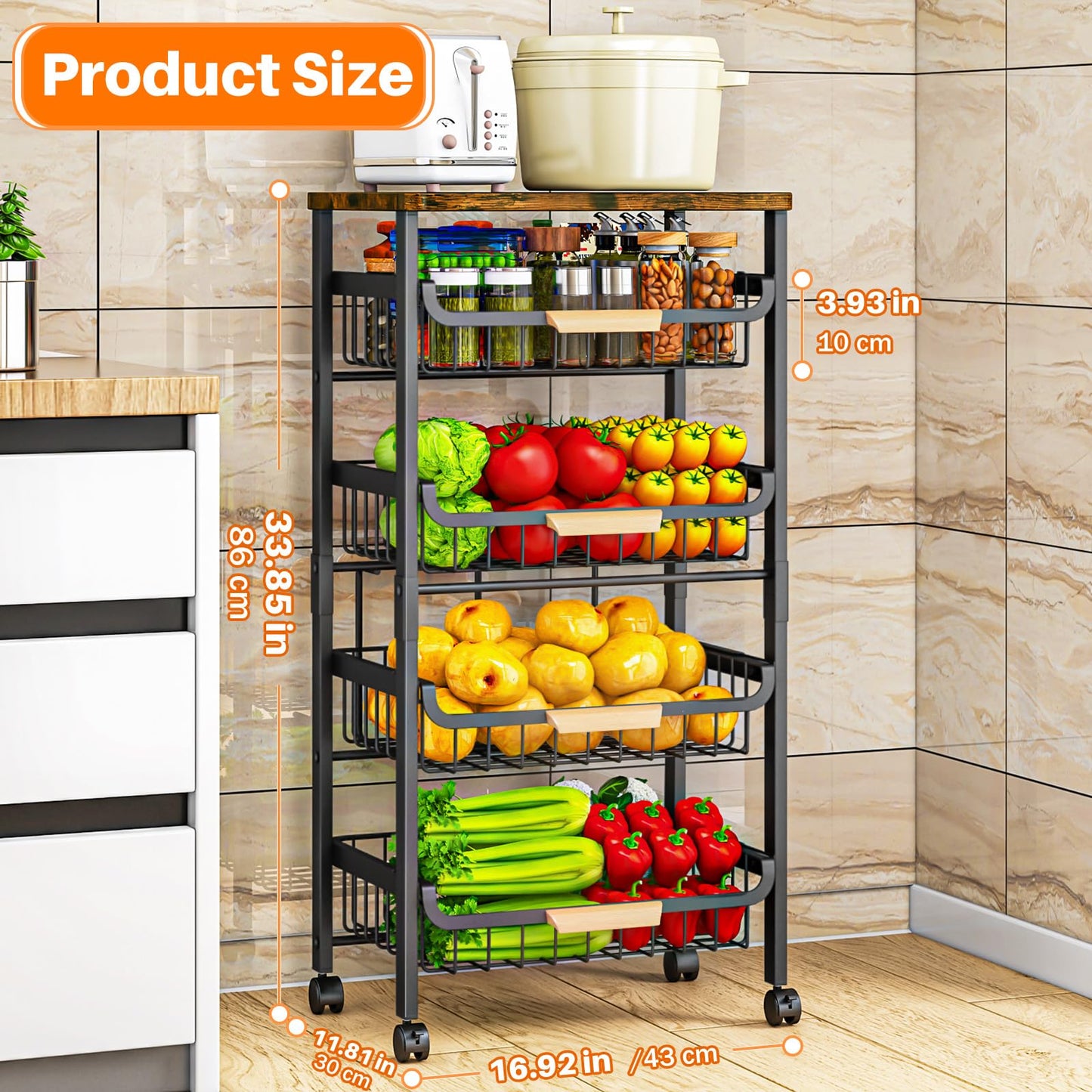 5-Tier Kitchen Trolley on Wheels, Vegetable Storage Rack