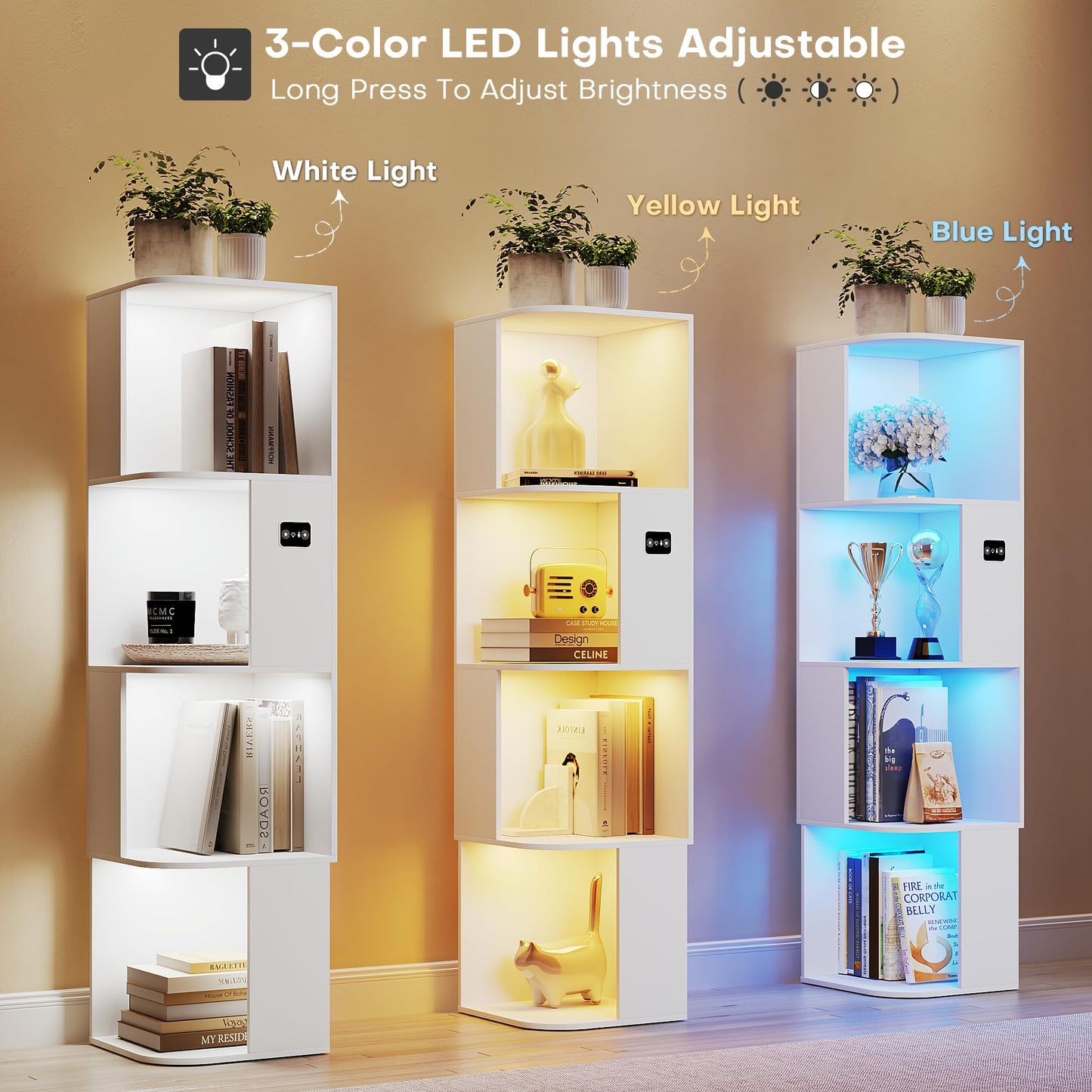 55.1 " Corner Wood Bookcase with Body Sensor LED for Home Office,White