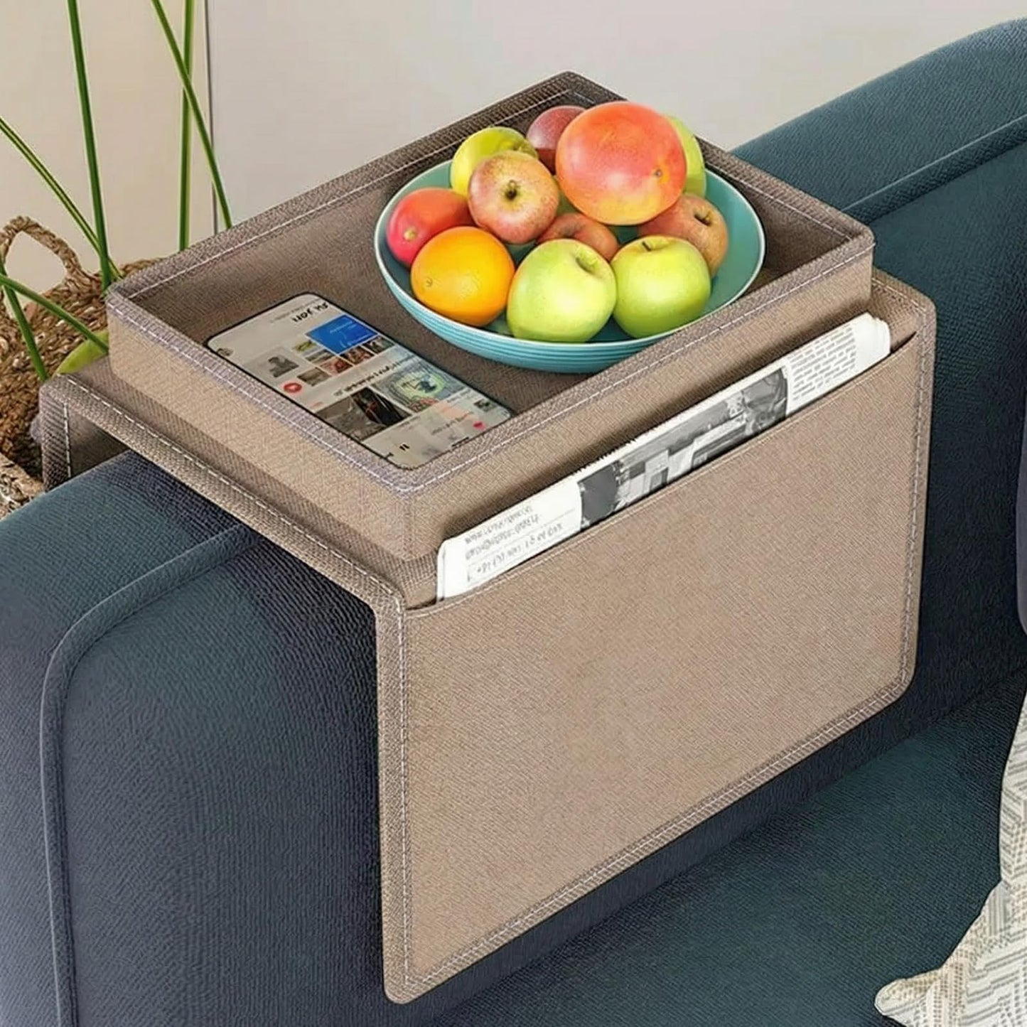 Sofa Armrest Organiser, Armchair Caddy with Tray, Couch Arm Tray Stylish And Durable Multifunctional Pocket Storage Bag