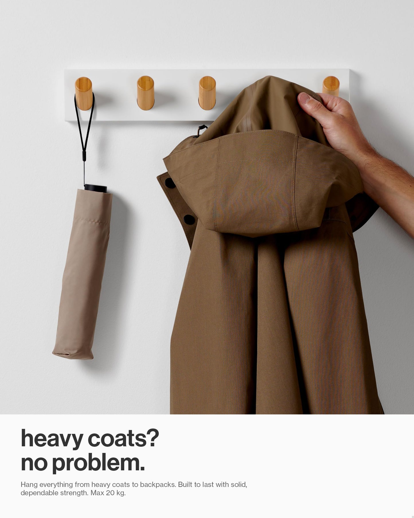 LARHN White Wall-Mounted Coat Rack - 5 Wooden Coat Hooks, 42cm