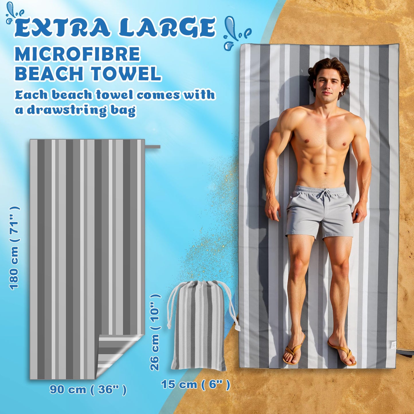 Anavasi Microfibre Beach Towels for Adults, 1 Pack 180 x 90cm 100% Recycled